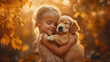 © otter2 - A close-up photograph of a girl hugging a golden retriever puppy, their faces radiant with joy, set against a dreamy autumn landscape with golden bokeh. Soft warm sunlight filters through vibrant leav