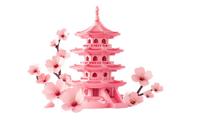 Wall Mural - 3D Japanese pagoda with pink cherry blossom on white background
