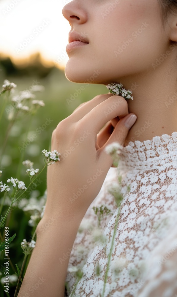 Natural healing touch - girl receiving a soothing remedy with flowers, symbolizing traditional approaches to treating colds, throat ailments, skincare using herbal remedies, natural ingredients.