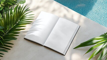 Wall Mural - Open blank notebook near pool, tropical plants.