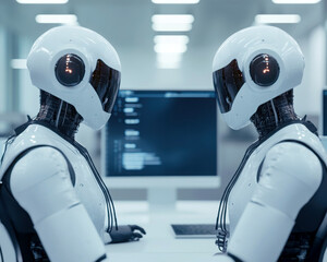 Two humanoid robots interact in a modern workspace environment.