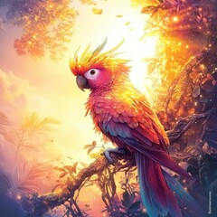 Wall Mural - A vibrant parrot perched on a branch, illuminated by a warm, glowing background.