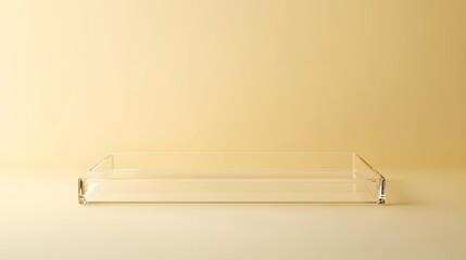 A transparent acrylic podium with clean edges and an empty space for product display, against a soft pastel yellow background.