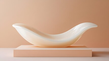 Wall Mural - A sculptural podium with a smooth, curved shape and an empty display space, set against a soft peach-colored background.
