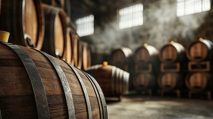 Wine barrels stacked in cellar aging wine or whisky
