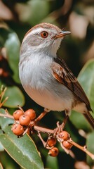 Wall Mural - A small bird perched on berries amidst green leaves, showcasing its vibrant features.