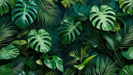  tropic background, Abstract foliage and botanical background. Green tropical forest wallpaper of monstera leaves, palm leaf, branches in hand drawn pattern. Exotic plants background for banner, print