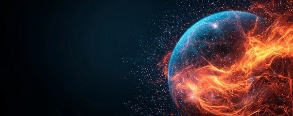 Wall Mural - A vibrant cosmic scene featuring a fiery planet surrounded by glowing particles against a dark background.