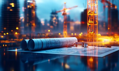 Architectural blueprints on a table with construction cranes in the background.