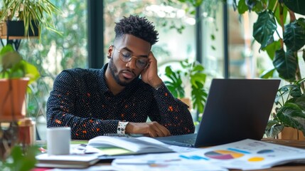 A focused developer working on a challenging coding problem, surrounded by notebooks, diagrams, and a laptop.