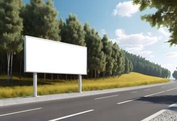 Wall Mural - Empty billboard standing next to asphalt road with forest and blue sky background