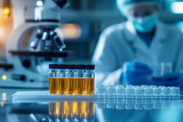 Medical vials grouped together on a lab counter, some frosted with cold storage, with a blurred lab setup and a scientist in a face mask in the background with copy space. 