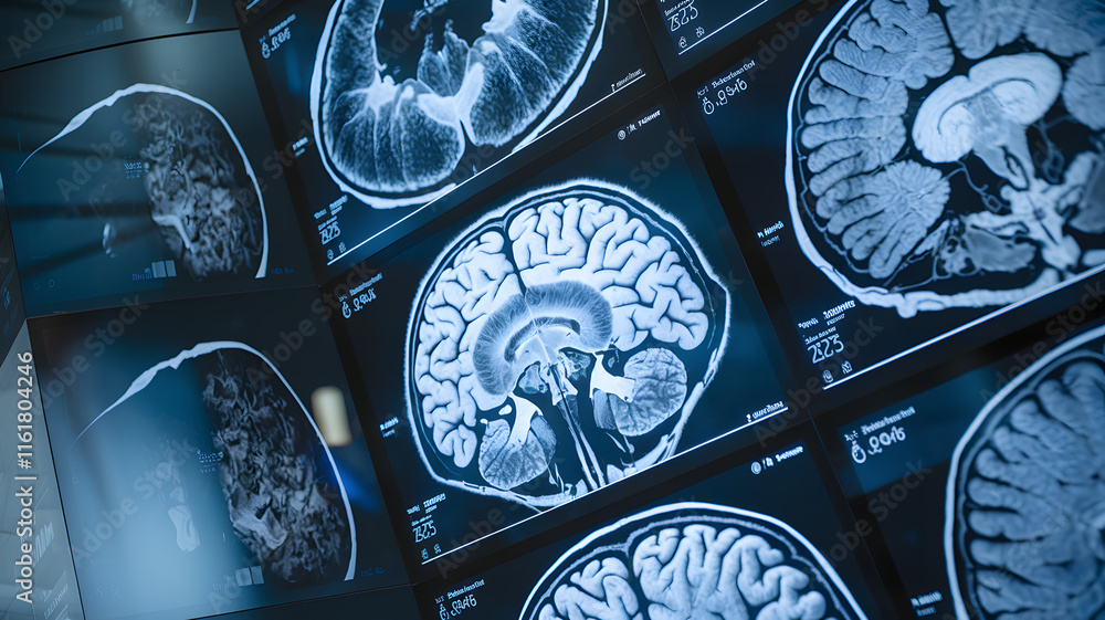 Detailed brain scan images on display screens reveal intricate neural ...