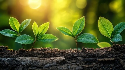 Canvas Print - Four young green plants sprout from rich soil at sunrise.