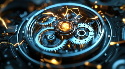Wall Mural - close-up of intricate metallic gears with glowing energy sparks, representing innovation and complex