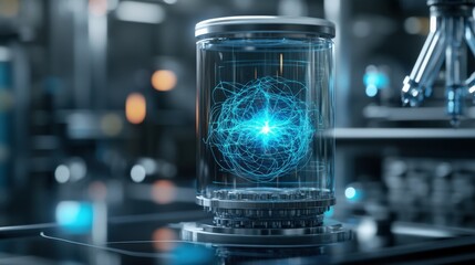 Poster - Futuristic Laboratory Displaying a Glowing Energy Sphere Encased in Glass with Intricate Digital Graphics and Science Fiction Elements for Advanced Technology Concepts