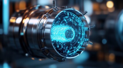 Poster - Futuristic Technology Concept Featuring a Glowing Blue Energy Core within a Complex Mechanical Device Emitting Electric Sparks and Visualizing Data Streams