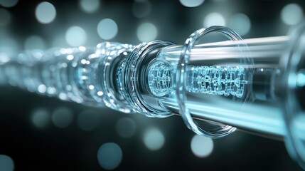 Poster - Abstract Close-Up of a Transparent Glass Tube with Blue Light and Bokeh Background, Highlighting Technology and Modern Design Elements