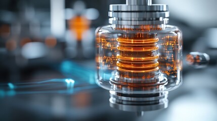 Poster - Close-Up View of a Transparent Electrical Component with Glowing Coils and Modern Design Featuring Innovative Technology and Engineering Principles