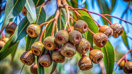 Wall Mural - Close up of eucalyptus gum nuts on a branch with a nature background, eucalyptus, gum nuts, branch, tree, nature, background