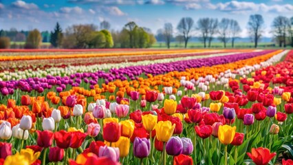 Wall Mural - Vibrant tulip field in full bloom during spring, Tulips, flowers, field, vibrant, colorful, nature, springtime, petals