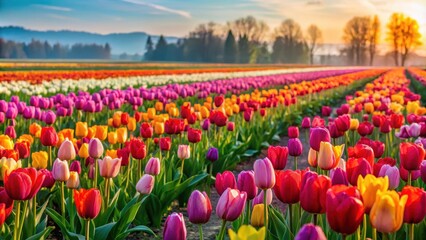 Wall Mural - Vibrant tulip field in full bloom during spring season, tulips, field, colorful, flowers, blooming, vibrant, spring, beauty