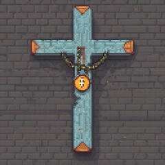 Pixel art depicting a cross on a brick wall, perfect for retro-themed decor.