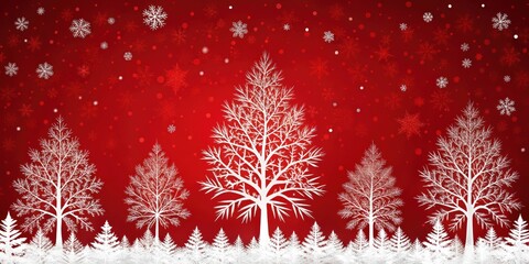 Wall Mural - Silhouetted trees with snowflakes on red background, winter, nature, scenic, landscape, Christmas, holiday, snowy, cold, frosty