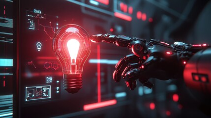 Wall Mural - robotic hand interacting with light bulb in futuristic environment