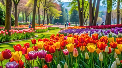 Wall Mural - Vibrant tulip flowers blooming in a lush green garden at Emirgan Tulip Festival, Istanbul, tulips, colorful