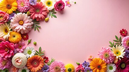 Wall Mural - Colorful flowers on light pink background, flat style, flowers, colorful, vibrant, pastel, petals, blooming, nature
