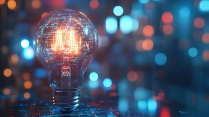 Wall Mural - modern light bulb illuminating with digital circuit background