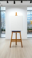 Wall Mural - a blank canvas on an easel stands in a bright, modern gallery space with large windows and a minimal