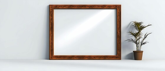 Wall Mural - a simple, elegant wooden-framed mirror is displayed against a blank wall alongside a potted plant, c