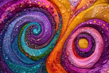 Wall Mural - Bright, swirling patterns in various colors glisten with water droplets, creating a mesmerizing visual that showcases the beauty of art and nature intertwined.