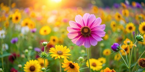 Wall Mural - Delicate cosmos flower blossom in a lush green garden amidst tall sunflowers and colorful wildflowers