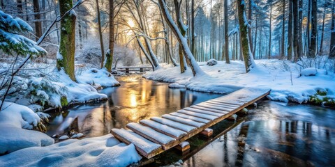 Wall Mural - Snowy forest landscape with a wooden plank crossing over a frozen stream, winter, snowy, winter, snowy, nature