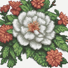 Pixel art cross stitch pattern featuring a white flower with vibrant orange accents.