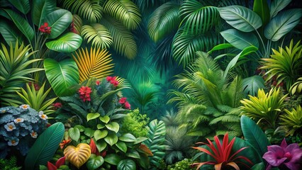 Wall Mural - Lush green jungle wallpaper with vibrant tropical plants and exotic flowers , jungle, wallpaper, lush, green, tropical, plants
