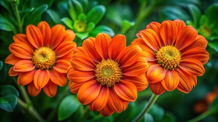 Wall Mural - Three vibrant orange flowers with green centers, surrounded by soft foliage , vibrant, orange, flowers, green, centers