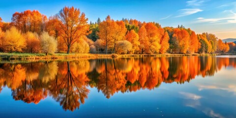 Wall Mural - Serene autumn landscape featuring a reflective lake and vibrant orange trees, autumn, landscape, serene, lake