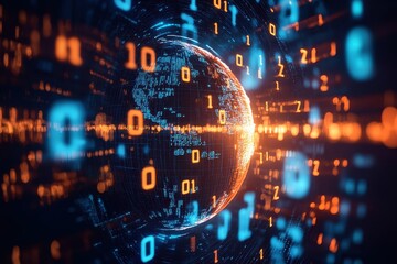 a globe is illuminated at its center, surrounded by streams of binary code. this visual represents t