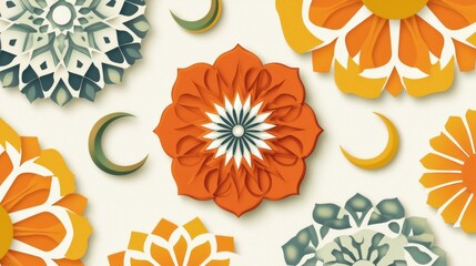 Wall Mural - Festive Islamic floral pattern background with moons and mandala designs.