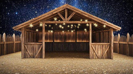 A rustic wooden barn illuminated by soft lights under a starry sky.