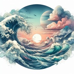 Wall Mural - watercolor seascapes with digital waves watercolor seascapes wit