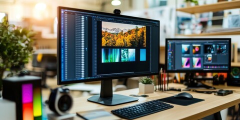 A computer monitor on the desk with various software open on screen