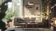 © huhu - Cozy living room with beige sofa, plants, and natural light.