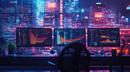 Robots managing financial data in a digital workspace. 
