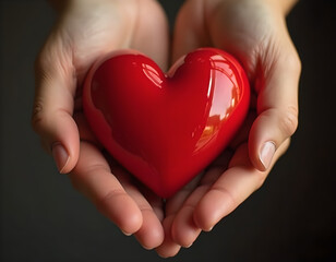 Close up top view of two hands showing holding big shiny red heart