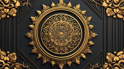 Wall Mural - Intricate gold mandala design on dark background.